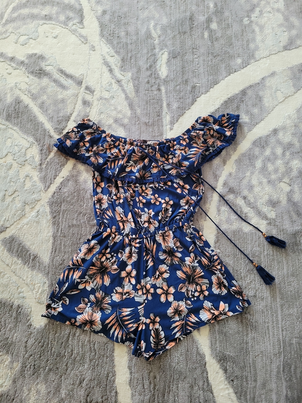 Ardene Navy Floral Off-Shoulder Romper with Tassel Ties Size S